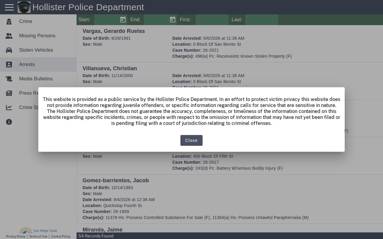 San Benito County recent arrests search on Hollister Police Citizen RIMS