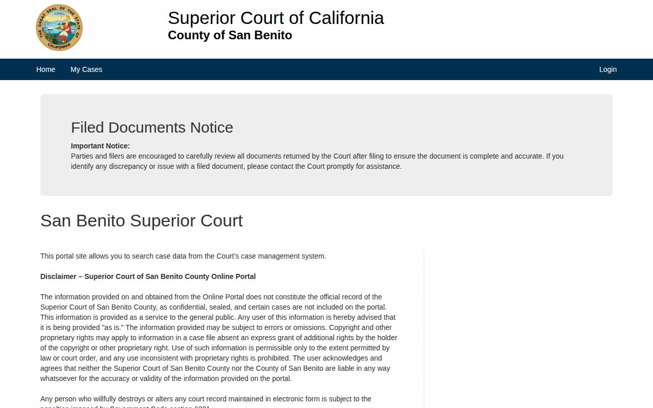 San Benito Superior Court portal for San Juan Bautista arrest case follow-up