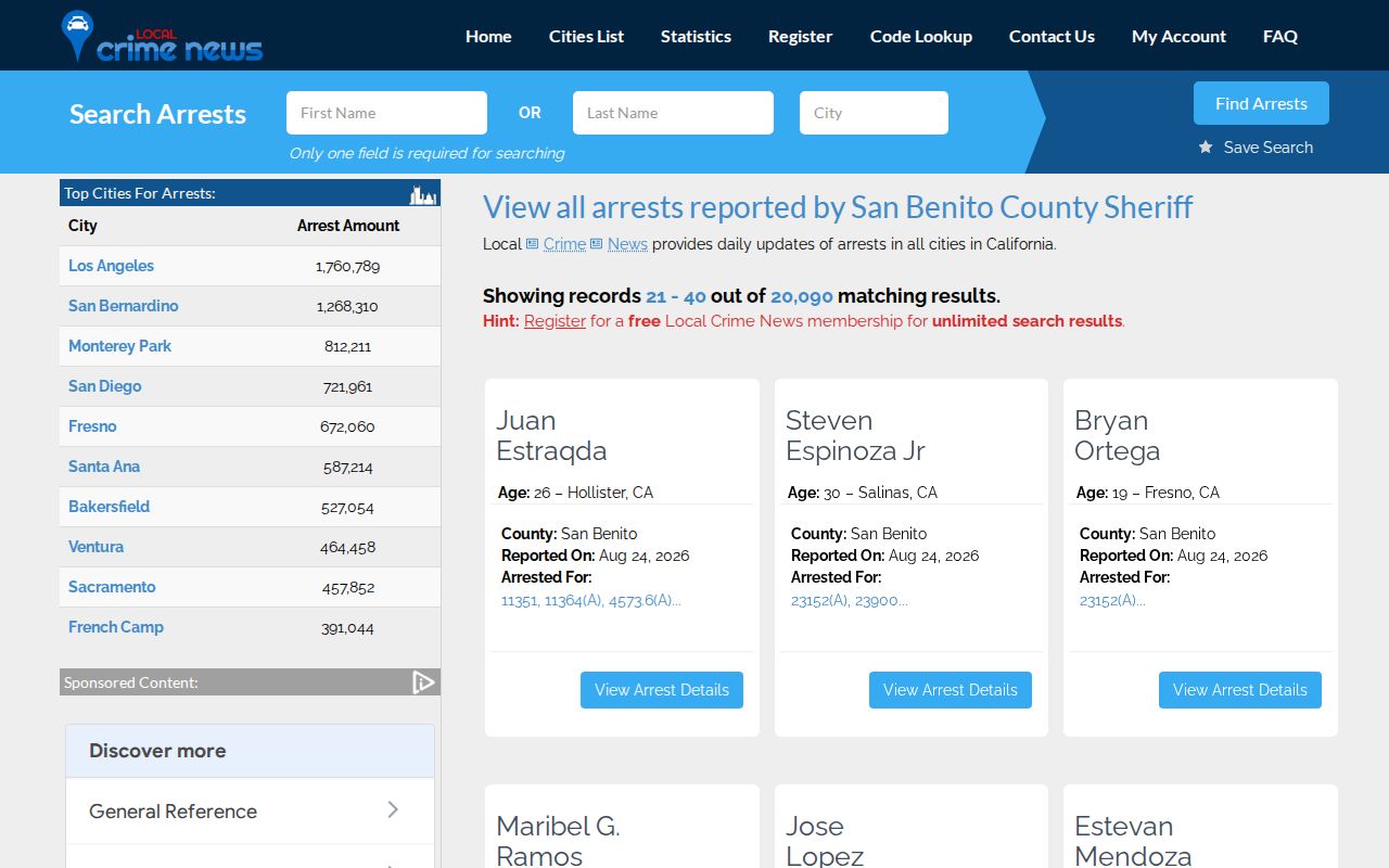 Third-party San Benito County Sheriff arrest record listings for comparison
